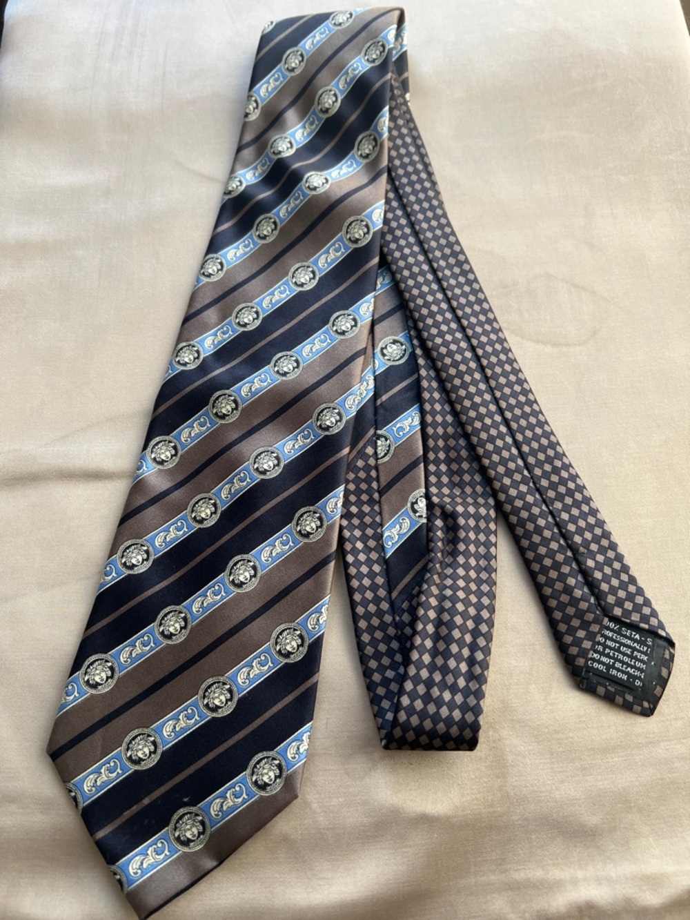 Vintage Authentic Versace Iconic Medusa Head Logo Brown & Blue Silk Tie Italy